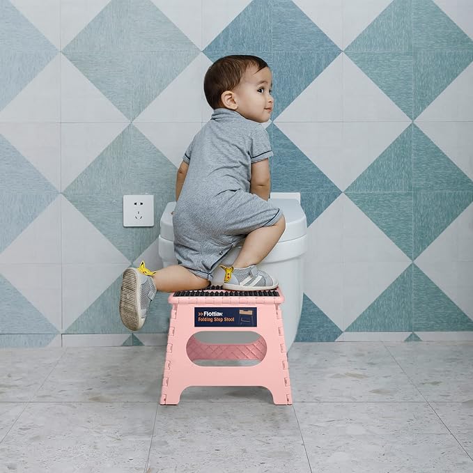 Flottian 11" Folding Step Stool for Adults and Kids Holds Up to 300 lbs,Non-Slip Folding Stools with Portable Handle, Compact Plastic Foldable Step Stool for Bathroom,Bedroom, Kitchen Sakura Pink