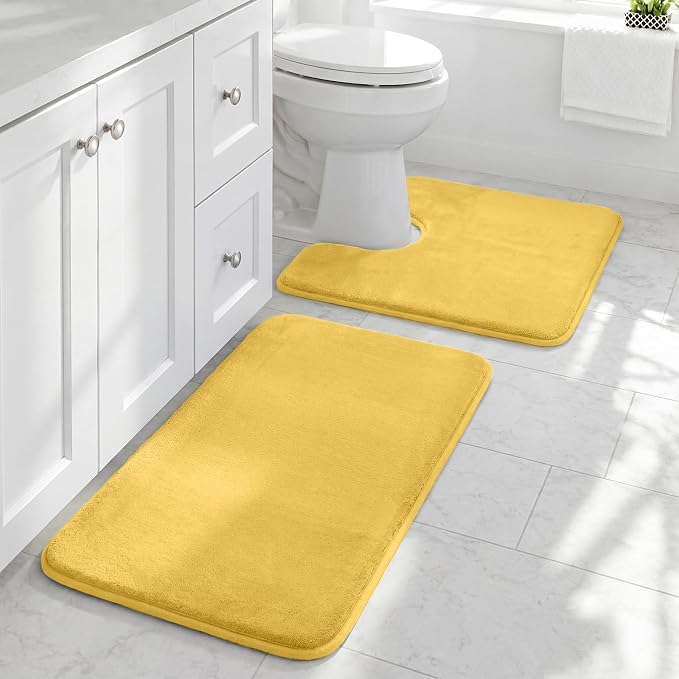HUXMEYSON Bathroom Rugs Sets 2 Piece, Non-Slip & Quick Dry Bath Mat Set, Ultra Soft Velvet Bath Rugs for Bathroom, Toilet and Shower Floor, Yellow