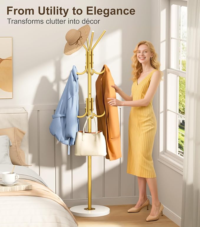 MISSLO Heavy Duty Coat Rack Freestanding with Stable Wood Base Modern Gold Coat Tree with 12 Hooks Adjustable Coats Hanger Stand Stylish Standing Clothes Tree for Entryway Bedroom Corner Hall