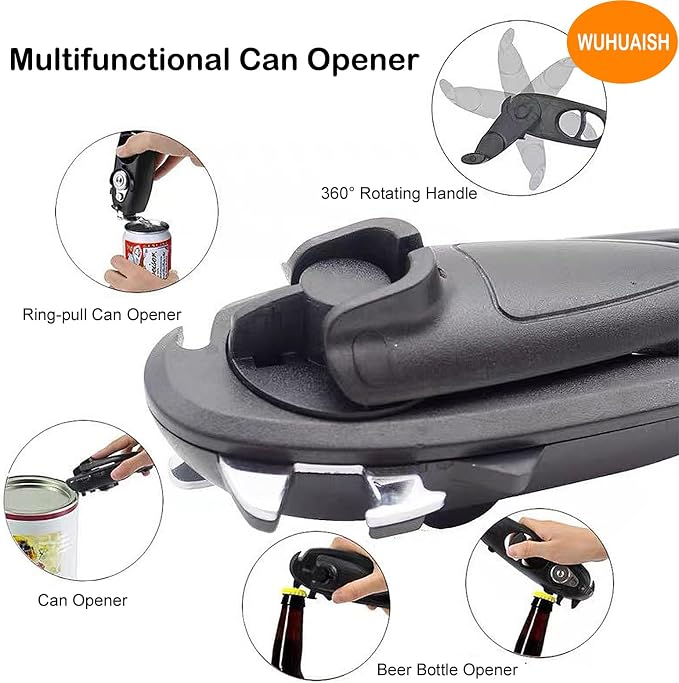 Multi-functional opener and can-opener, made of thickened ABS material and stainless steel, easy to operate, save time and effort, easy to store. (01 Black)