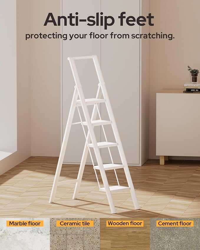 5 Step Ladder for 10 Feet High Ceiling, Folding Step Stool Stepladders with Anti-Slip and Wide Pedal for Home and Kitchen Use Space Saving (White)