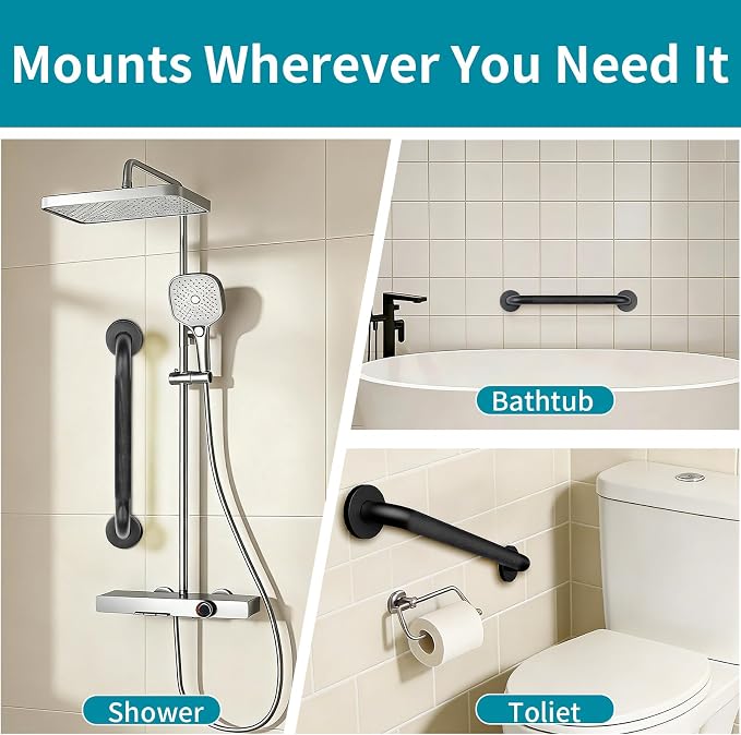 Shower Grab Bars for Seniors, 18 Inch Matte Black Bathroom Handle for Wall, Stainless Steel Anti Slip Bathtub Safety Bar, ADA Compliant 500 LBS Hand Rail for Elderly, Handicap
