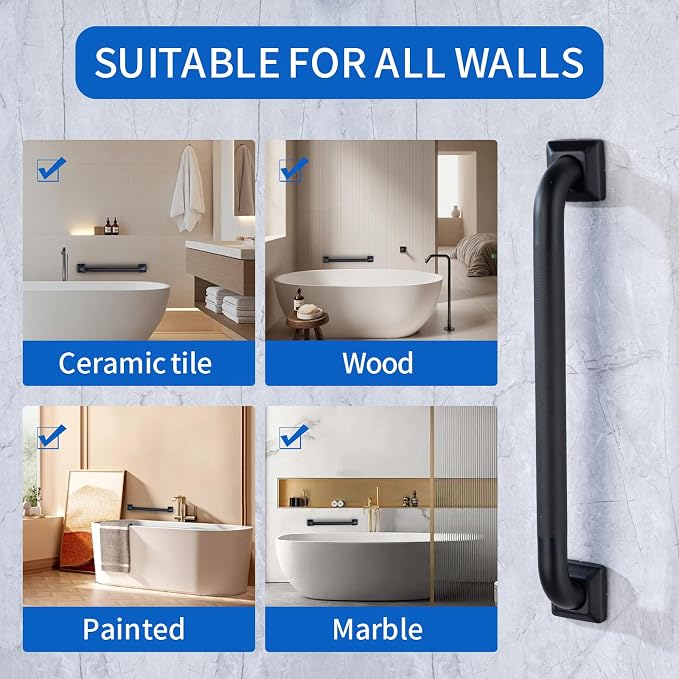 Bathroom SafetyGrab Bars for Elderly Seniors,Anti-Slip Shower Handles Toilet Grab Bars,High Weight Capacity,Wall Mounted Grab Bars for Bathtub Shower,Black Grab Bars (Black Knurled, 18-inch Grab Bar)