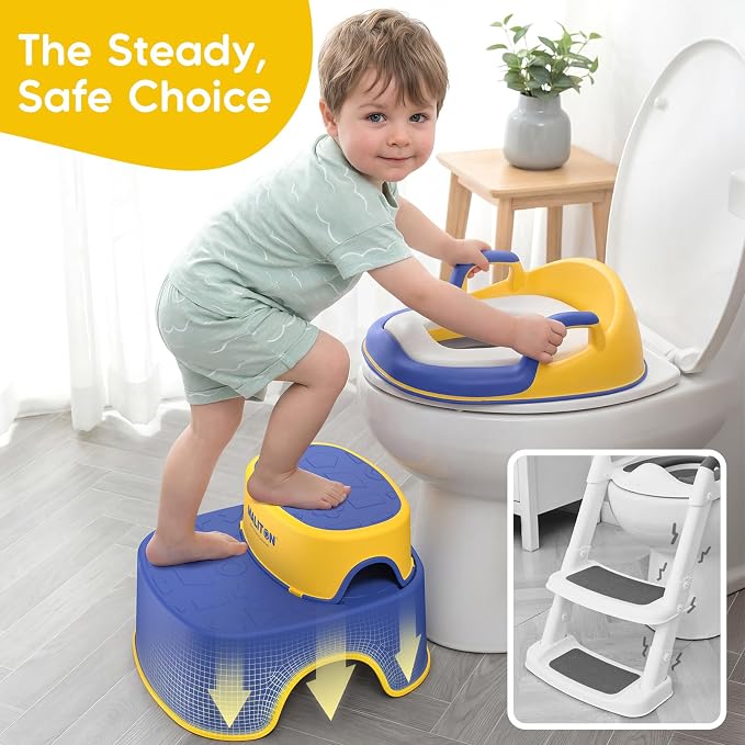 Maliton Potty Training Toilet Seat with Step Stool Ladder for Kids, Toddler Toilet Seat with Anti-Slip Stool for Boys Girls, Toddler Step Stool Set (Blue&Yellow)