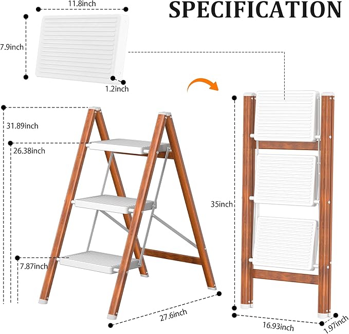 DIAMONDFORGE 3 Step Ladder, Lightweight Folding Step with Wide Anti-Slip Pedal & Feet, 330 lbs Capacity,Sturdy Steel Step Ladder for Home,Office and Library,Light Woodgrain