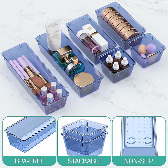 WOWBOX 9 Pack Clear Drawer Organizer Set, Acrylic Drawer Storage Trays, Storage Bins for Makeup, Cosmetics, Jewelries, Utensils, Gadgets, Office, Dark Blue