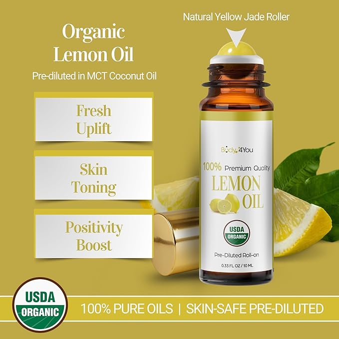 Lemon Essential Oil Roll On for Energy Mood Uplift Anxiety Relief - 100% Pure USDA Organic MCT Coconut Oil - Mental Clarity Focus Positivity Citrus Scent Perfume - Gemstone Roller 10ml Travel Size