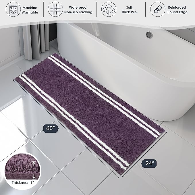 PURRUGS Bathroom Rug Non-Slip Machine Washable 24" x 60", Super Absorbent and Quick Dry Shaggy Microfiber Bath Mat, Extra Soft and Plush Bath Rug for Bathtub, Shower, and Sink, Purple