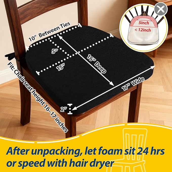 AAAAAcessories D-Shaped Chair Cushions, 2" Thick Dining Chair Pads with Ties and Removable, Machine-Washable Cover, 17" x 16", Set of 2, Black