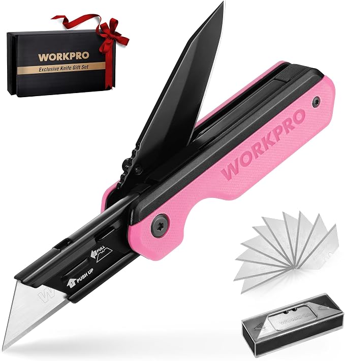 WORKPRO 2-in-1 Folding Knife/Utility Knife, Quick-Change Box Cutter with Belt Clip, Liner Lock, and G10 Handle, Extra 10 SK5 Blades Included - Pink Ribbon