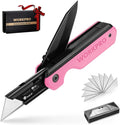 WORKPRO 2-in-1 Folding Knife/Utility Knife, Quick-Change Box Cutter with Belt Clip, Liner Lock, and G10 Handle, Extra 10 SK5 Blades Included - Pink Ribbon