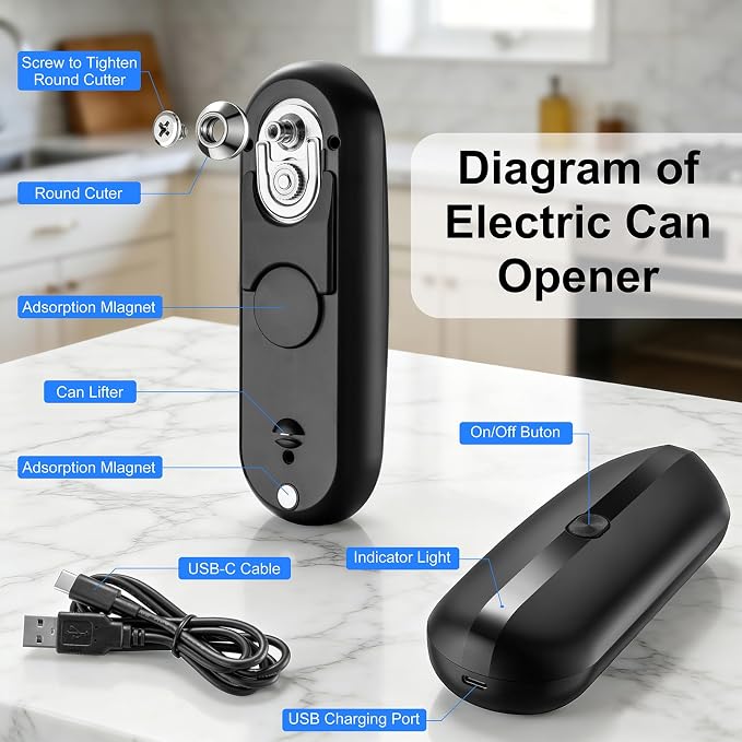Electric Can Opener, Automatic Hands-Free Can Opener with Smooth Edge, One-Touch Operation USB Rechargeable, for Seniors, Arthritis Sufferers, Kitchen and Camping Use, Replaceable Blade (Black)