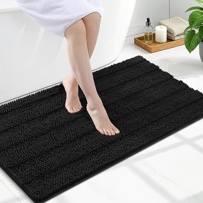 Grandaily Chenille Striped Bathroom Rugs 47x24, Extra Thick and Soft Absorbent Bath Mats, Rubber Backing, Plush Shaggy Shower Carpet, Machine Wash Dry, Bath Rug for Bathroom, Deep Black