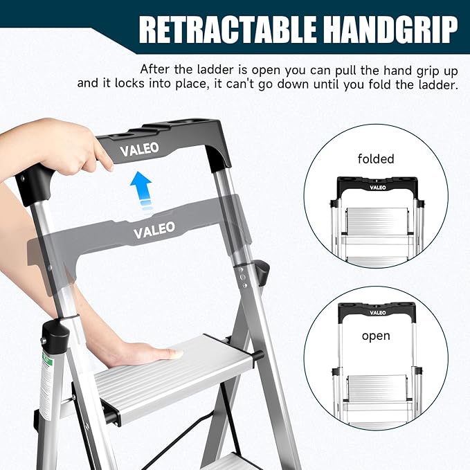 Valeo Aluminium 3 Step Ladder with Retractable Handgrip,Anti-Slip Pedal,330 lbs Capacity,Folding Step Stool for Kitchen, Garage, Home, Space Saving, Sturdy and Portable, Silver