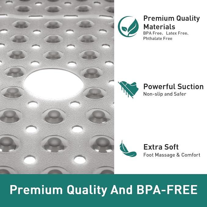 Large Square Shower Mat 27 x 27 Inch Clear Gray, Non Slip Shower Bathtub Mats for Inside Shower with Big Suction Cups Drain Holes, Anti Slip Bathroom Floor Stall Mats, Easy Clean, BPA-Free
