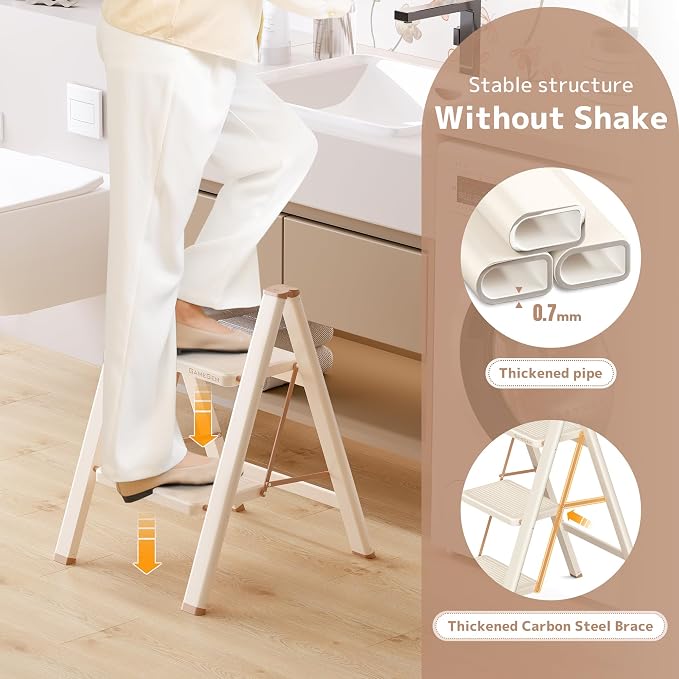 2 Step Ladder Folding Step Stool with Wide Anti-Slip Pedal, 330LBS Capacity, Lightweight Portable Stepladder for Home and Kitchen Use, Cream Chocolate