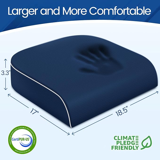 SweetSlubr Seat Cushion for Tailbone Pain Relief, Office Chair Cushion, Memory Foam Large Chair Cushion with Non-Slip Cover for Soft Support at Office Chair, Car Seat, Airplane Dark Blue/X-Large