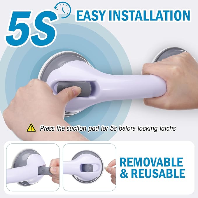 AceOrbit 6 Pack 12 Inch Shower Grab Bars for Bathtubs and Showers Suction Cup Shower Handles for Seniors Elderly Handicap Safety Handrails Removable No Drilling Heavy Duty Bathroom Grips(Gray)
