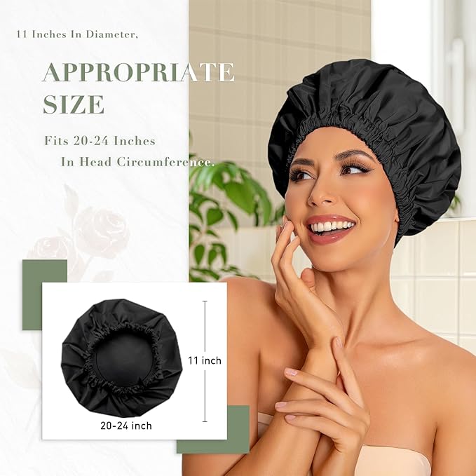 Reusable Shower Cap for Women, Large Waterproof Shower Bonnet with Elastic Band, Washable Bath Hair Cap for Long, Curly Hair, Braids, Daily Shower, Home Spa, Travel(Pink&Black)