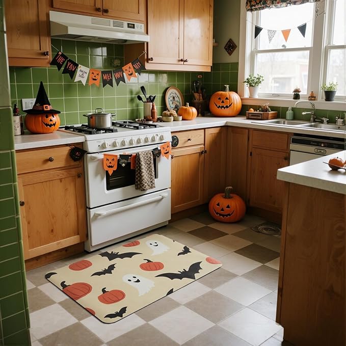 TYUU Halloween Bath Mat, Thin Bathroom Rug Non Slip Quick Dry Pumpkin Bath Mat Fits Under Door Thin Floor Mat Halloween Decor, 24''x36'', Pumpkins Bats and Ghost