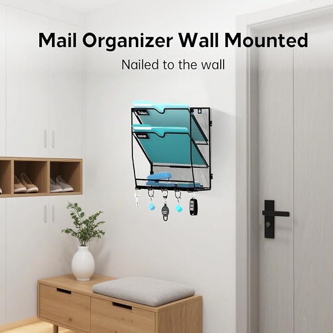 Wall File Organizer - Hanging File Organizer with 5 Hooks, Mail Holder Wall Mounted for Papers, Folders, Magazines, Bills, 3 Tier Office&School Organization, Black