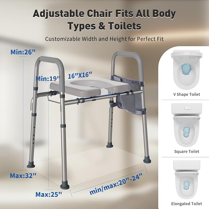 WHLICKS 500lbs Raised Toilet Seat with Handles – Adjustable Width Elevated Seat, Cozy Padded Toilet Seat Risers for Seniors, Handicap & Disabled, Fits All Toilets, Gray