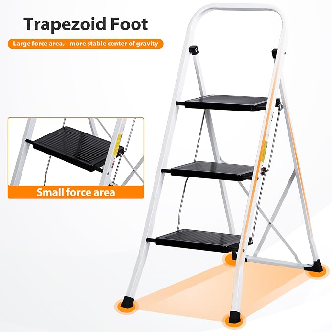 ZENY 3 Step Ladder Folding Step Stool with Wide Anti-Slip Pedal, Convenient Handgrip, Portable Steel Step Stool, 300 lbs Sturdy Steel Ladder for Household and Office, White
