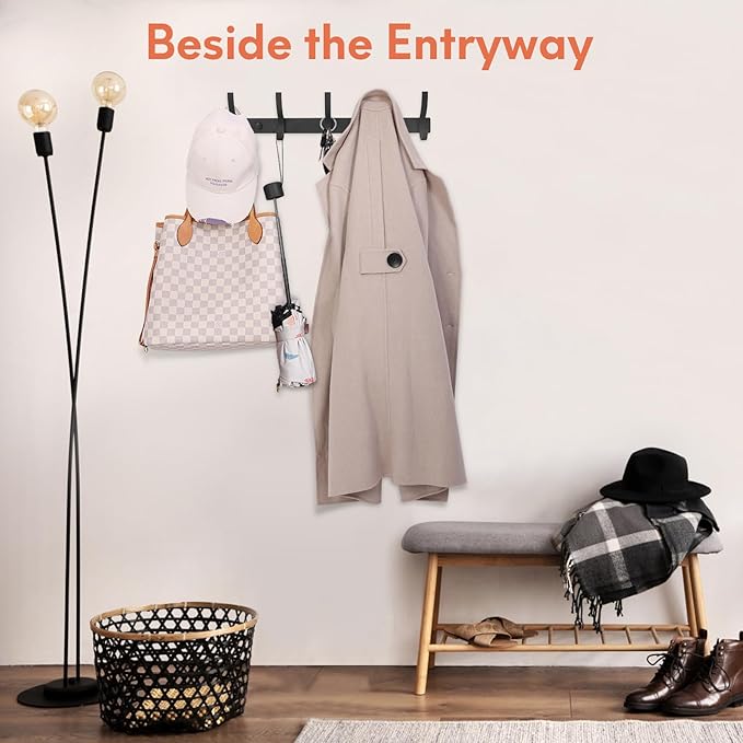 Optish Coat Rack Wall Mount, Coat Hook Wall Mount, Wall Hooks for Hanging, Hat Rack for Walls, Coats Hanger with 10 Hook, Towel Hooks for Bathrooms (1 Pack, Black)