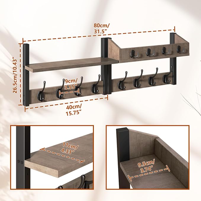 YMYNY 31.5" Coat Rack Wall Mount with Shelf, 4 in 1 Key and Coat Hanger with 12 Metal Hooks, Wall Shelf with Hooks & Mail Holder for Living Room, Bedroom, Silver Gray, HWS007Y-2