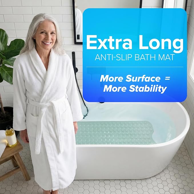 SlipX Solutions Power Grip Extra Long Bath Tub & Shower Mat 39x16, Wet Floor Non-Slip for Elderly & Kids Bathroom, 30% Longer Bathtub Mats, 200 Suction Cups, Drain Holes (1, Seafoam Green)