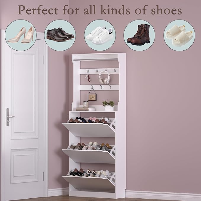 BORNOON Shoe Cabinet with 3 Flip Drawers & Coat Rack, Narrow Hidden Shoe Storage Cabinet, 2-in-1 Hall Tree Slim Freestanding Shoe Rack Organizer for Entryway, Hallway, and Living Room