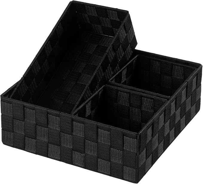 Posprica Small Black Baskets Cube Bin Container Tote,Woven Storage Baskets for Organizing Organizer Divider for Drawer, Closet, Shelf, Dresser, Set of 4