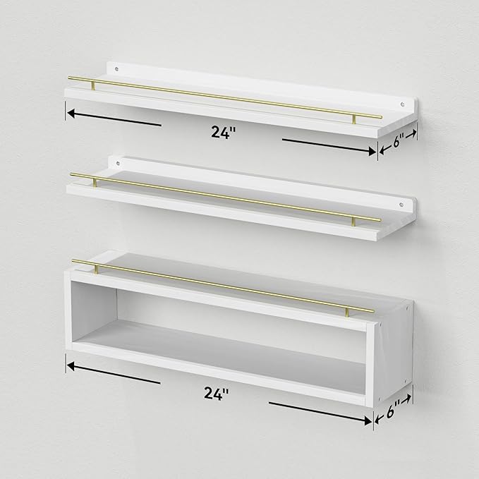 WOPITUES Floating Shelves for Wall 24 inch with Cube Shelf, Wall Shelves with Metal Rail for Decor, Bathroom Organizers and Storage, Over Toilet Shelves for Bathroom, Toilet Paper-White&Gold