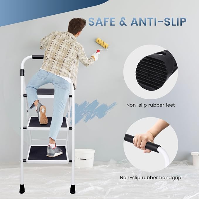 OLIXIS Step Ladder, 3 Sturdy Step Stool with Anti-Slip Pedal & Comfortable Handrail, Portable Heavy Duty Step Stool for Kitchen, Garage & Outdoor Use, 330lbs, Black