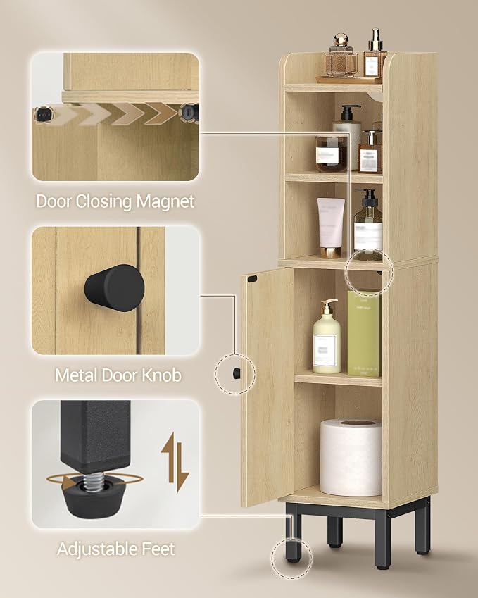 Hzuaneri Bathroom Storage Cabinet, Small Corner Floor Cabinet with Door and Shelves, Narrow Toilet Paper Holder, Bathroom Organizer with Adjustable Shelf, for Small Spaces, Rattan Yellow BC08202Y
