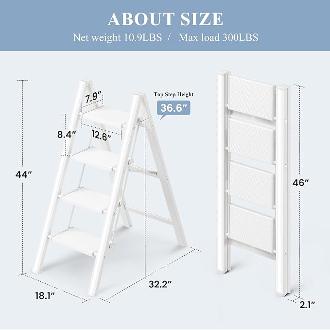 4 Step Ladder, Folding Step Stool with Wider Pedal, Anti-Slip Feet & Non Slip Stripes, Aluminum Sturdy Material, 300Lbs Capacity, Elegant Look of Modern White Better Matches Your Home