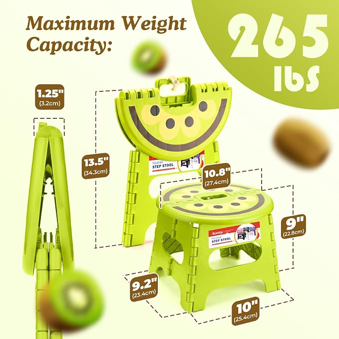 ACSTEP Folding Step Stool 9 Inch, Sturdy Collapsible Step Stool Foldable Up to 265 lbs for Kids Toddlers & Adults, Non Slip Foot Stools with Handle for Kitchen, Bathroom, Bedroom, Outdoor, Kiwi Green