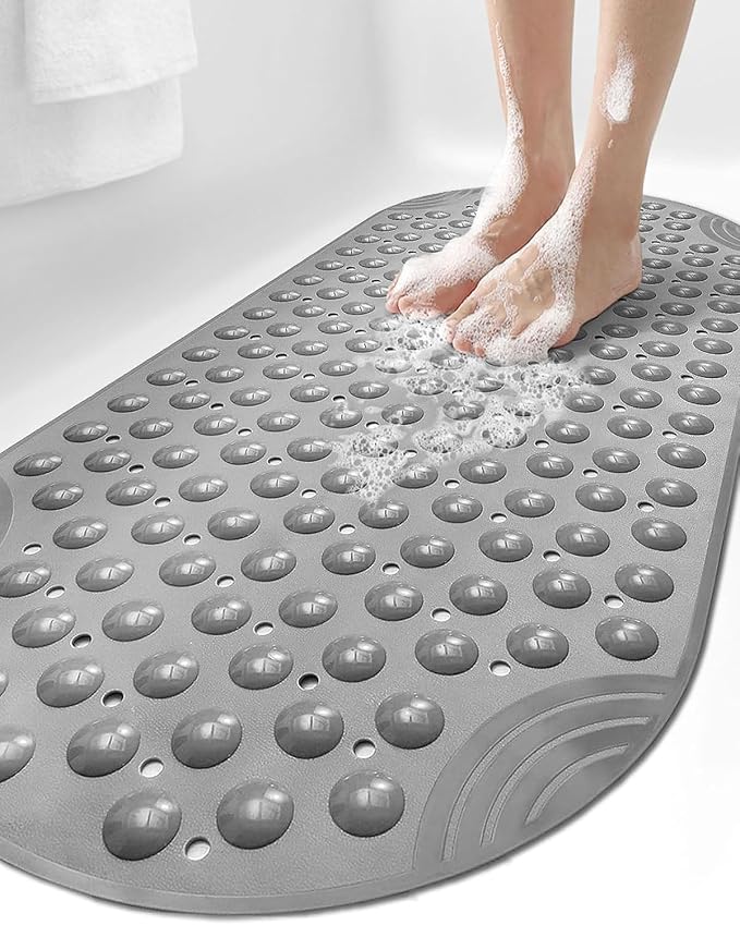 DEXI Bathtub Mat Non Slip 16x35, Shower Floor Mats for Bathroom Bath Tub, Washable Oval Bathmat with Suction Cups and Drain Holes, Grey