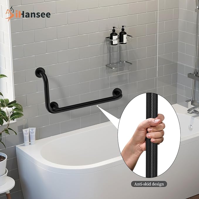 L-Shaped Angled Grab Bar 12x24 Inch Matte Black Anti-slip Knurled Shower Handles Wall Mount, 1.25" Diameter Shower Bars for Seniors Injured Balance Support, Handicap Grab Bars for Bathtubs and Showers