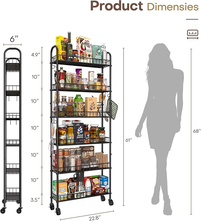 Slim Rolling Storage Cart with Wheels, Metal 6 Tier Spice Rack Mobile Shelving Unit Organizer Kitchen Utility Cart for Office Bathroom Kitchen Laundry Room Narrow Places (6inches)