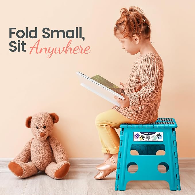 Delxo Folding Step Stool, 13 inch Non-Slip Foldable Stools Up to 300 LBS, Step Stool with Handle, Lightweight for Kitchen, Bathroom, Bedroom, Garden Stepping Stool with Dotted Blue 1 PC