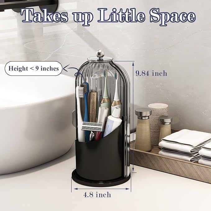 Toothbrush and Toothpaste Holders with Cover, Grey Black | Waterproof and Dustproof, 360° Rotating Base, Smooth Sliding Door, 3 Slots, for Bathroom Countertop