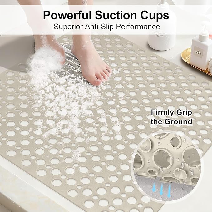 Anti Slip Shower Mat with Suction Cups,27x27 Inch Quick Drain TPE Non Slip Shower Mats for Inside Shower,Large Bath Mat for Shower Soft on Feet, Easy to Dry&Cut Machine Washable