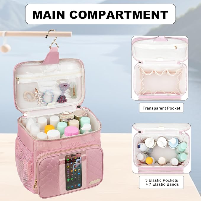 Portable Shower Caddy College Dorm Essentials (Full Size Bottle Compatible), Toiletry Bag for Women Men, Hanging Makeup Bag with Quickly Dry Mesh Base for Travel,Gym & Camping,Pink