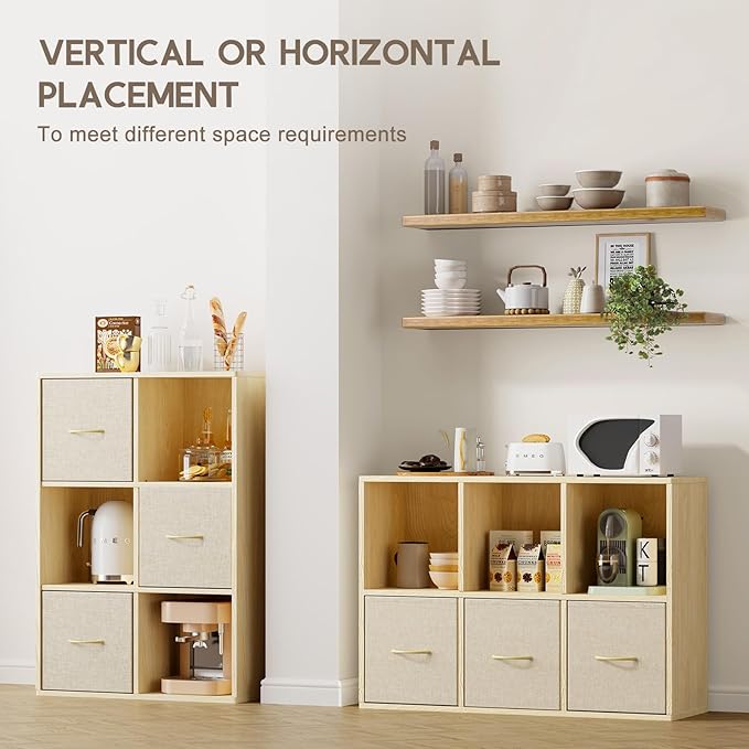 EXPERLAM 6 Cube Storage Organizer - Solid Wood Bookshelf with 3 Storage Bins, Cube Shelf with 2 Removable Back Panels, Vertical or Horizontal Bookcase, Open Book Shelf for Bedroom, Living Room, Office