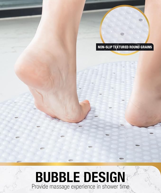 HITSLAM Non Slip Bathtub Mat, 27x15 Inch Bath Mat for Tub with Suction Cups and Drainage Holes, Machine Washable Oval Shower Mat for Kids, Seniors and Daily Use, Phthalate Free PVC, White
