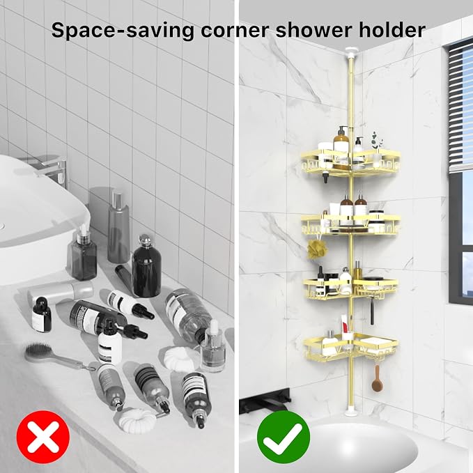 KEGII Corner Gold Shower Caddy Tension Pole - 4-Tier Rustproof Shower Rod Organizer, Floor to Ceiling Tension Rod 25-114.2 inch, Stainless Steel Corner Shower Shelf, Waterproof