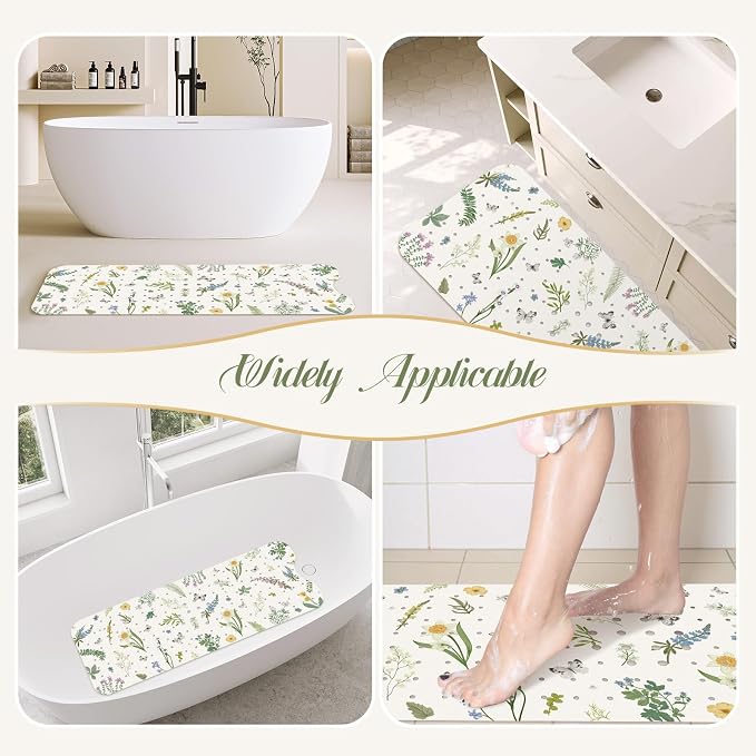 SHUCHING Flower and Leaf Bath Mat for Tub Non Slip-40 X 16Inch, Bathtub Mat Anti Slip for Women, Long Shower Mat for Bathroom Mold Free, Machine Washable