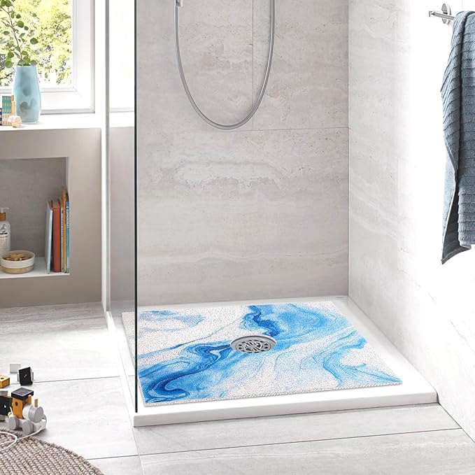 Square Shower Mat Non Slip: 24 x 24 Inch Extra Large Shower Mats with Drain Hole in Middle - PVC Loofah Anti Slip Shower Floor Matt for Inside Shower