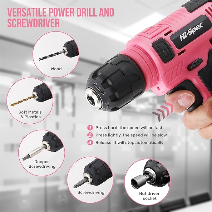 Hi-Spec 8V Cordless Drill Set & Tool Kit for Women – Ladies Complete Rechargeable Electric Power Drill Driver with Starter Tools, Compact Hand Toolbox, Pink, Ideal for Home Projects